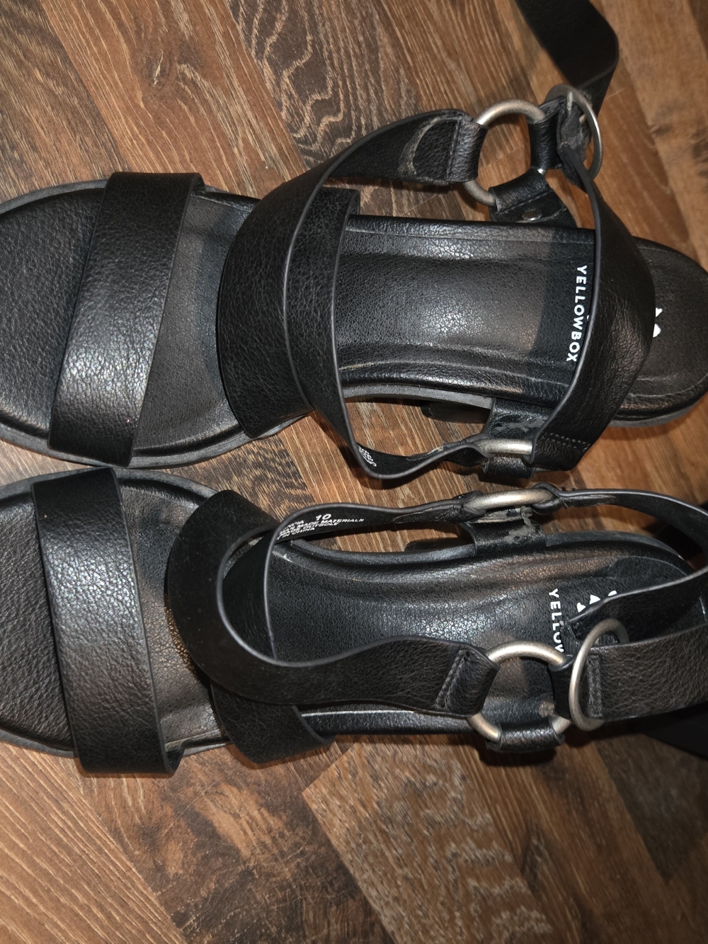 Yellow Box Black Strappy Sandals with Silver Ring Accents